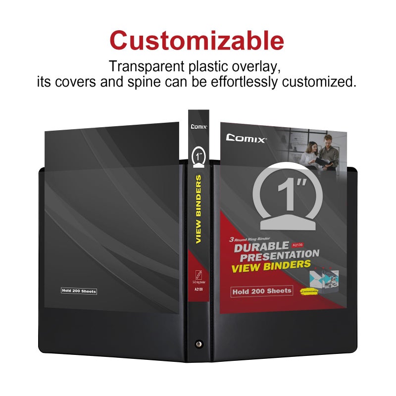 COMIX Sturdy 3 Ring Binder 1 inch with Clear View Cover, 1" Round Ring View Binder, PVC-Free, 2.4mm-Thick, 200 Sheets Capacity of US Letter Size Paper, Office ï¼† School Supplies, 8 Pack (Black) - Image 4